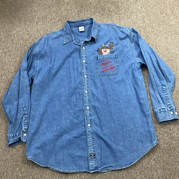 Vintage 2000 Warner Bros Taz I Don't @ Around for Nobody Button XXL Shirt Blue - Picture 1 of 9